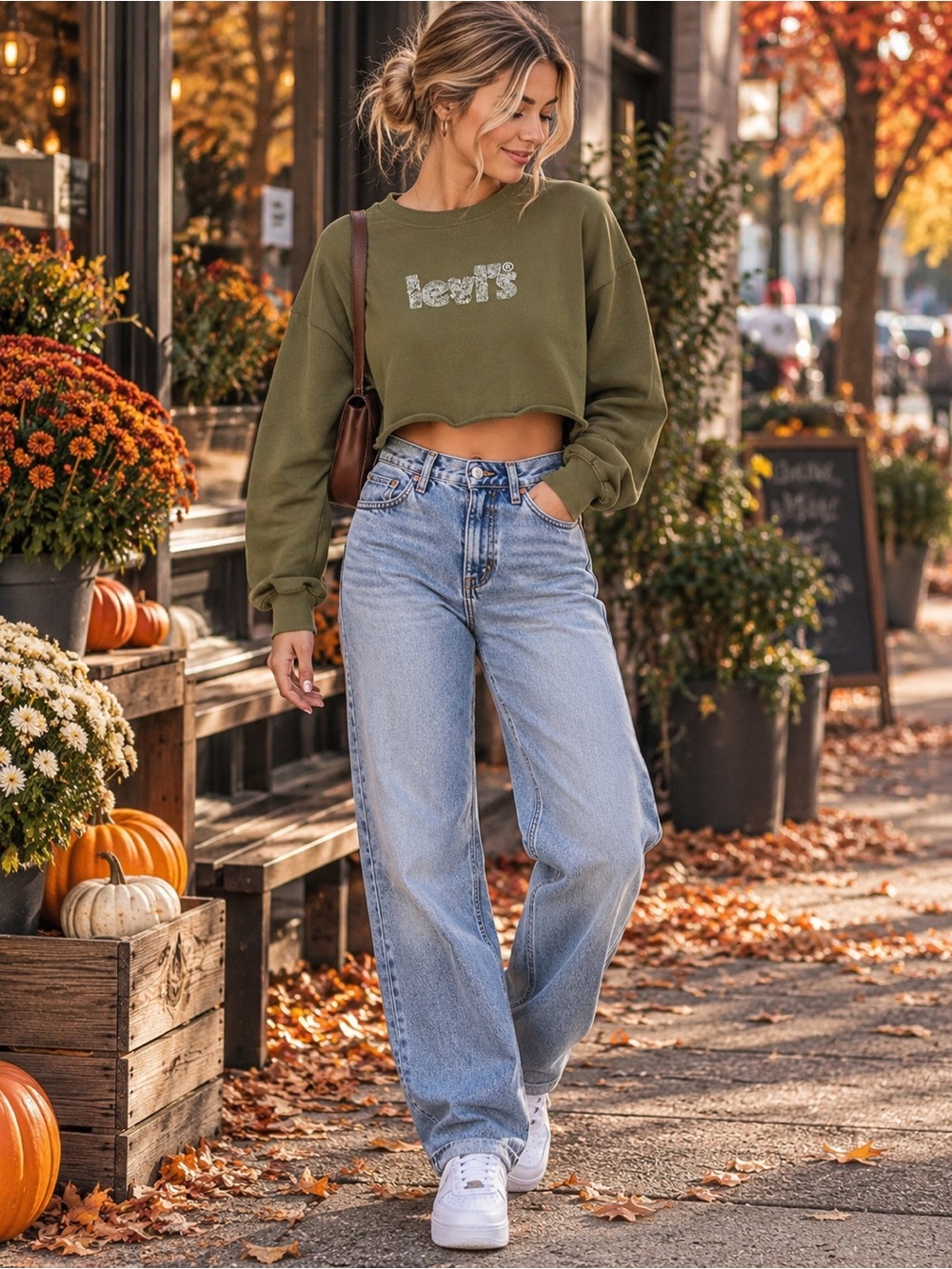 Levi’s Olive Green Cropped Sweatshirt Women’s Medium Raw Hem Logo